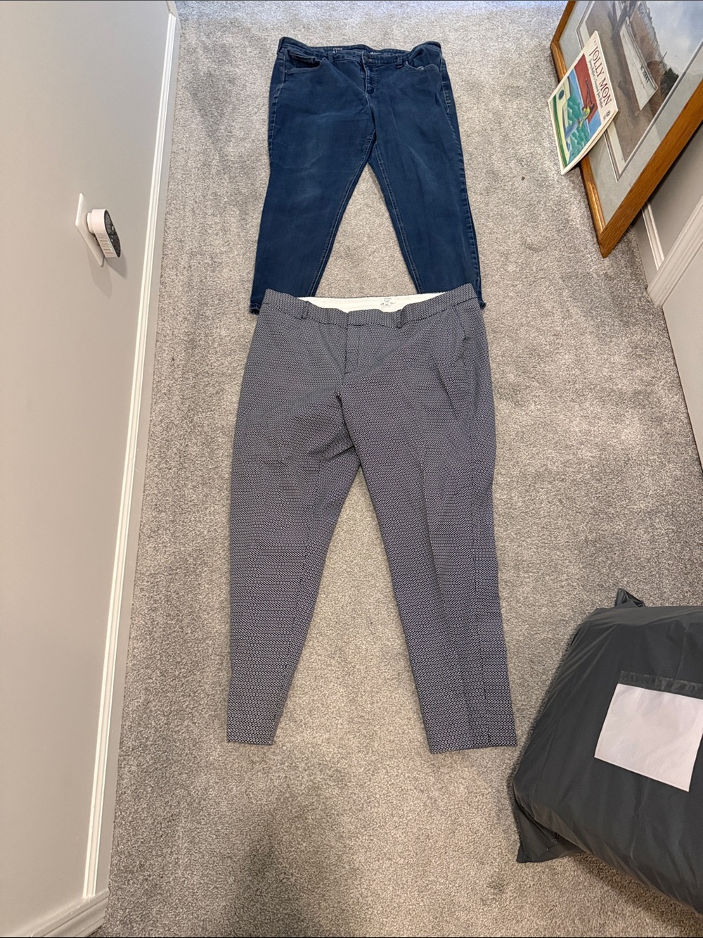crown & ivy Navy Skinny Jeans with blue and white Patterned Trousers